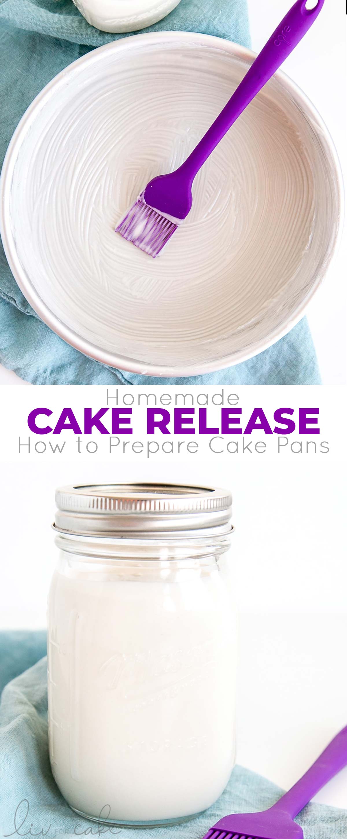 Grease and flour your pans in one step with this Homemade Cake Release! Learn how to prepare cake pans so that your cakes come out perfect every time. | livforcake.com Cake release photo collage