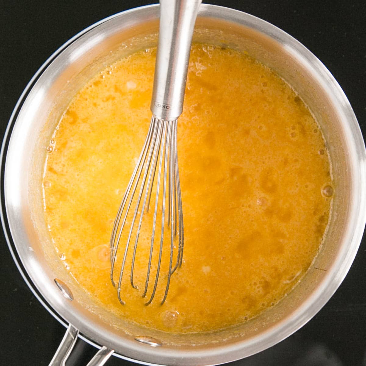 Eggs and sugar whisked together.