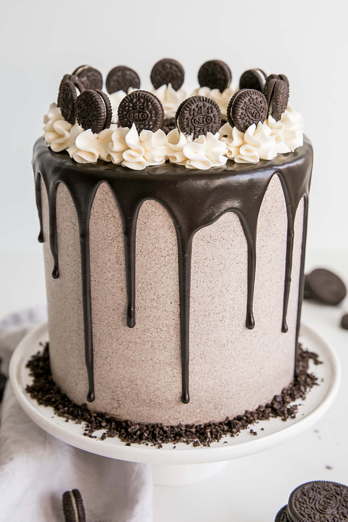 Six layer Oreo cake with Oreo buttercream and a dark chocolate ganache.