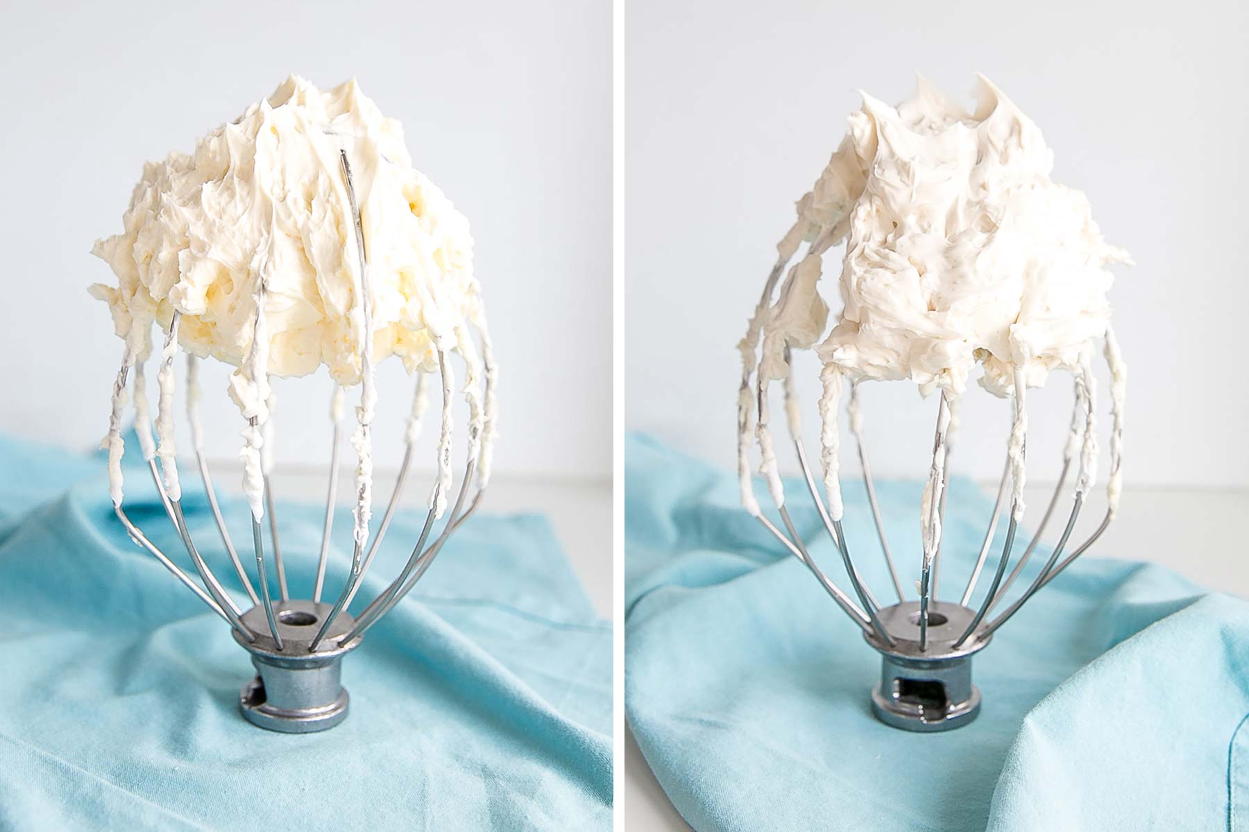 This tutorial on how to make Swiss Meringue buttercream is the only resource you'll need to make the smoothest, silkiest frosting! | livforcake.com Side by side of yellow and white buttercream.